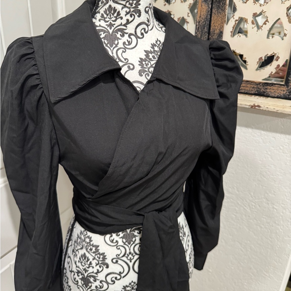 Black Wrap Blouse with Puff Sleeves